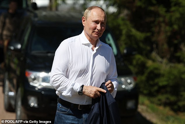 Questions have been raised over the possible involvement of Russia in a series of coordinated attacks against France's high-speed rail network. Pictured: Russian President Vladimir Putin is pictured today during a meeting with the Belarusian President in northern Russia