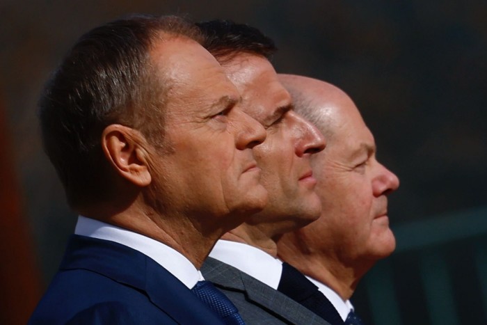 Poland’s Prime Minister Donald Tusk, French President Emmanuel Macron and German chancellor Olaf Scholz meet to discuss assistance to Ukraine in Berlin, March 2024