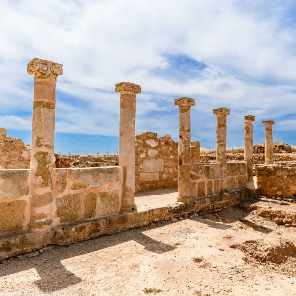 ruins of the ancient city of Nea Paphos, Antique columns in Kato Pafos Archaeological Park of UNESCO