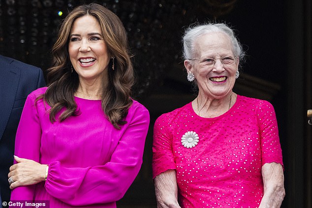 Pictured: Queen Mary and Queen Margrethe celebrating King Frederick's birthday at Frederik VIII's Palace, Amalienborg, in May