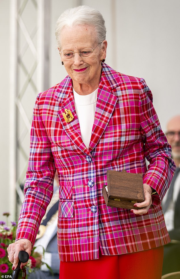 Queen Margrethe of Denmark has been released from hospital following a fall at Fredensborg Castle last week - but endured an injury to her neck and left arm, the Palace reported on Friday. She is pictured at Karen Blixen Museum in Copenhagen in September