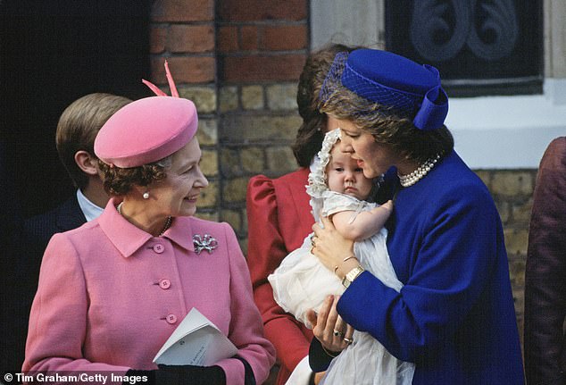 Famous godmother! The late Queen with her Greek counterpart Anne-Marie at Princess Theodora's christening in London in 1983