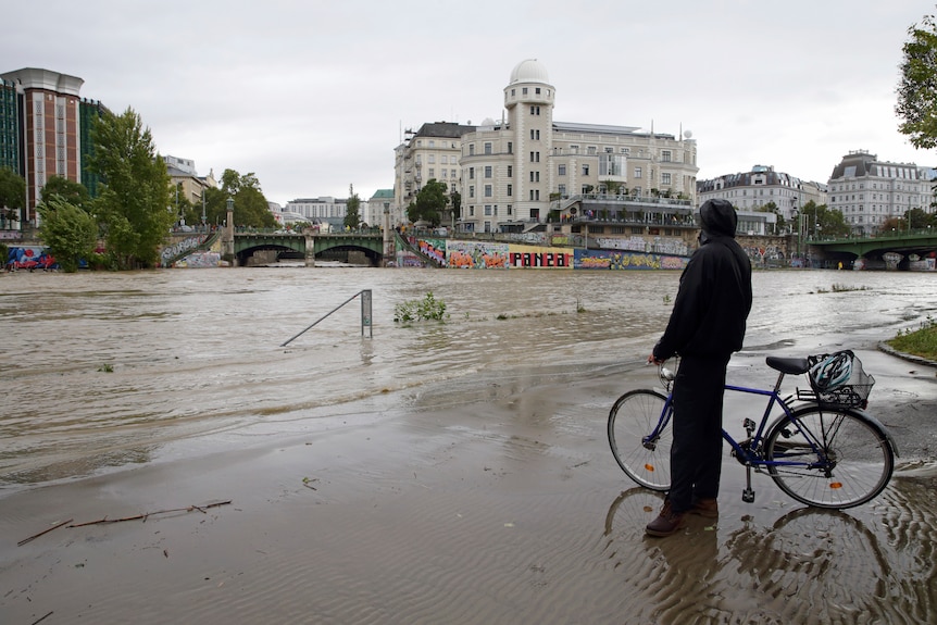 Cyclist looks out over flood waters 