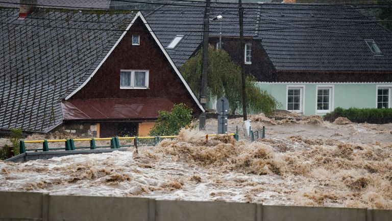 Flooded roads in Lipova Lazne, Czech Republic. Pic: Reuters