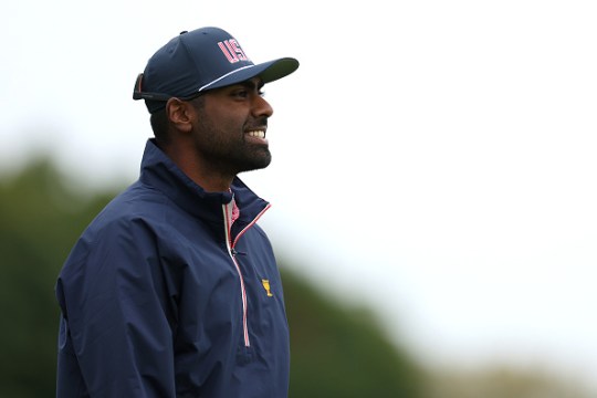 Sahith Theegala of the U.S. Team looks on from the 15th green during a practice round prior to the 2024 Presidents Cup