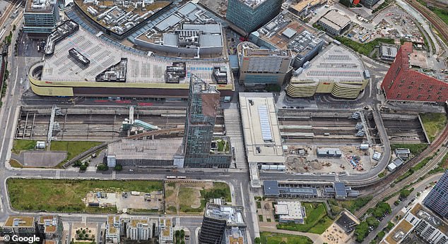 An aerial view of Stratford International station, with the HS1 line running through the centre