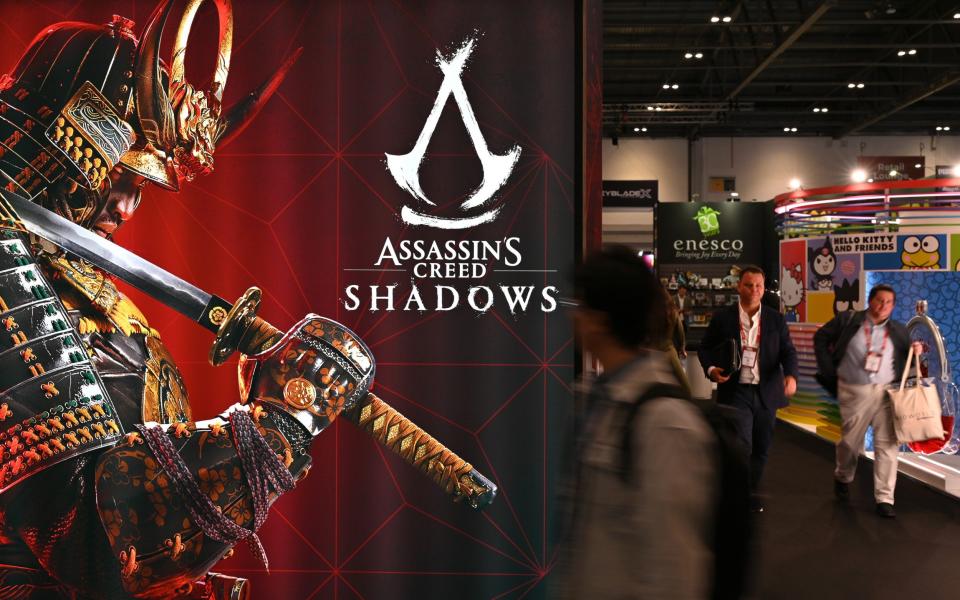 An Assassin's Creed Shadows character is displayed during the Brand Licensing Europe exhibition at ExCel London this week