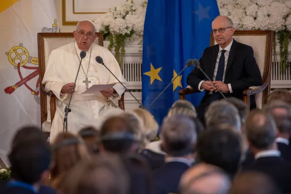 Pope Francis meets with the prime minister of the grand duchy, Luc Frieden, before addressing members of the government, civil society, and the diplomatic corps at a Luxembourg administrative building, Cercle Cité, on Sept. 26, 2024. Credit: Daniel Ibañez/CNA