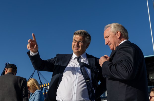 Croatian Prime Minister Andrej Plenković, left, talks with Port of...