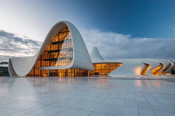 Baku’s Heydar Aliyev Centre houses a conference hall, gallery and musem and was designed by Zaha Hadid.