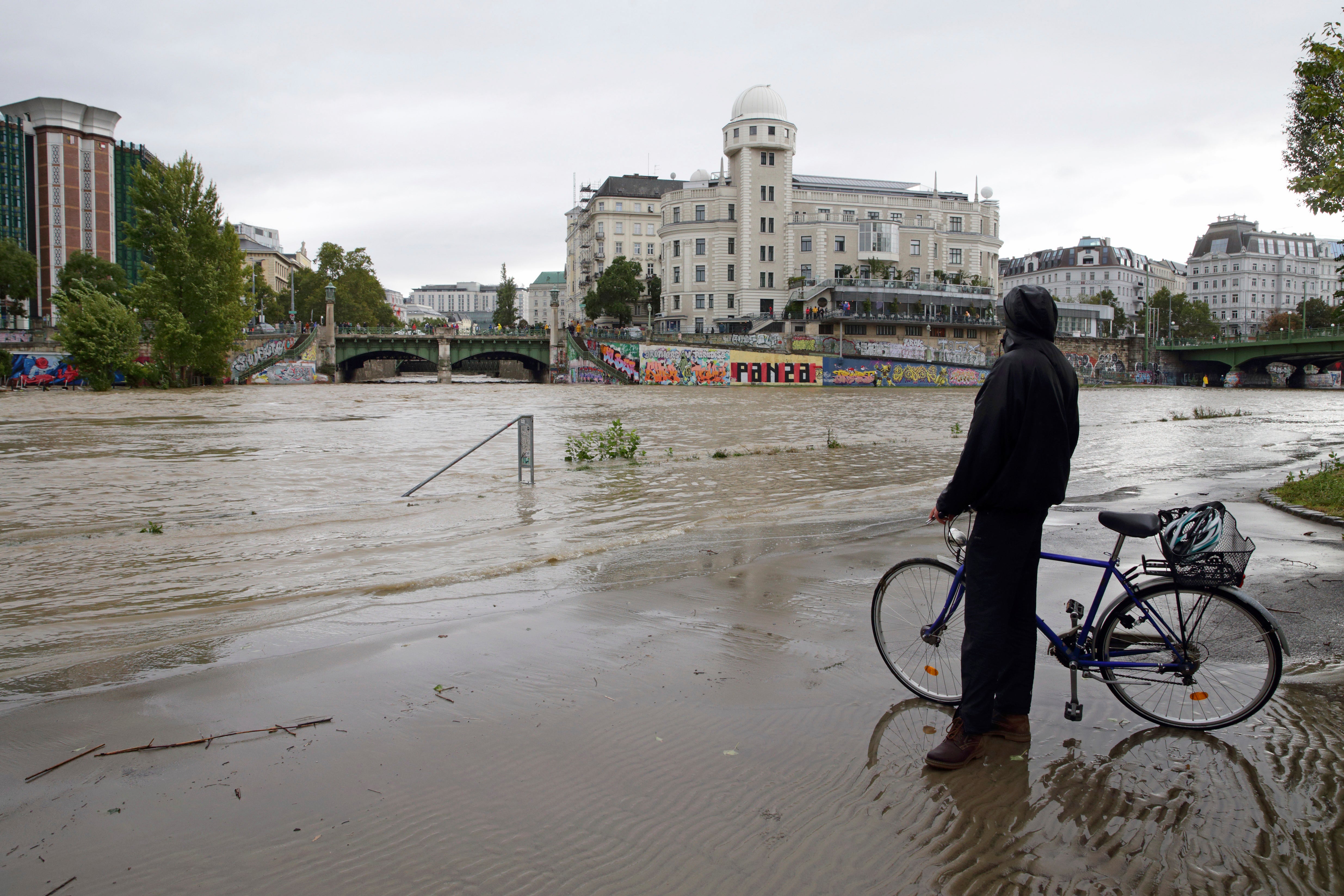 Donaukanal channel flood its banks in central Vienna, Austria