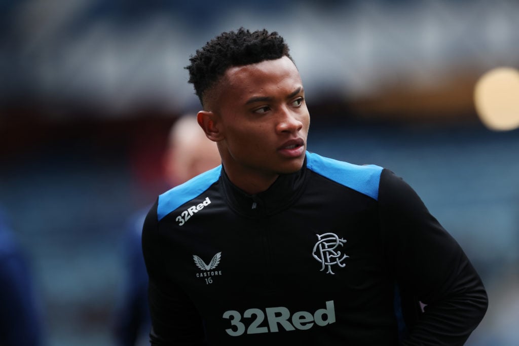 Rangers new Colombian signing Oscar Cortes warms up mduring the Cinch Scottish Premiership match between Rangers FC and Livingston FC at Ibrox Stad...