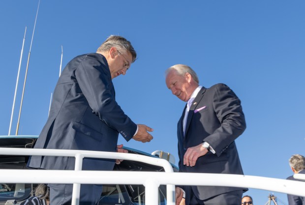 Croatian Prime Minister Andrej Plenković, left, with Port of Los...