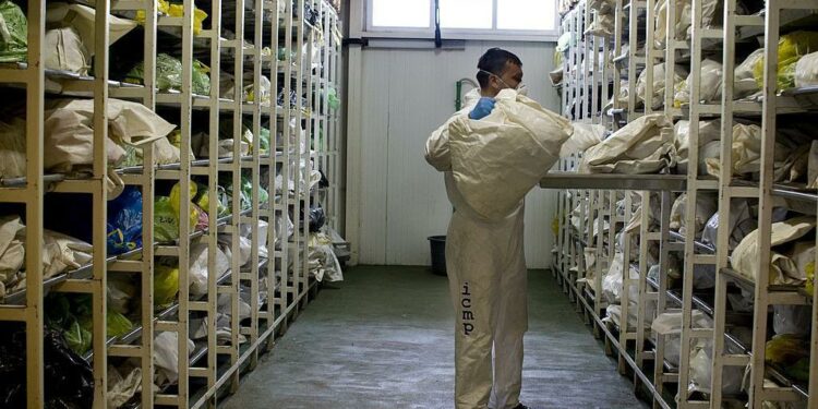 A man seen taking a body bag from a mass fridge area