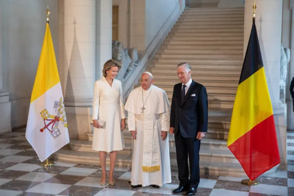 Pope Francis meets with with King Philippe and Queen Mathilde of the Belgians inside Laeken Castle on Friday, Sept. 27, 2024. Credit: Daniel Ibañez/CNA