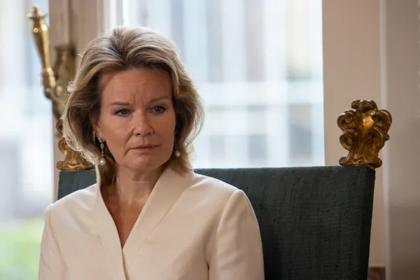 Queen Mathilde of Belgium listens as Pope Francis addresses 300 dignitaries and political authorities in Laeken Castle’s Grand Gallery on Sept. 27, 2024. Credit: Daniel Ibañez/CNA