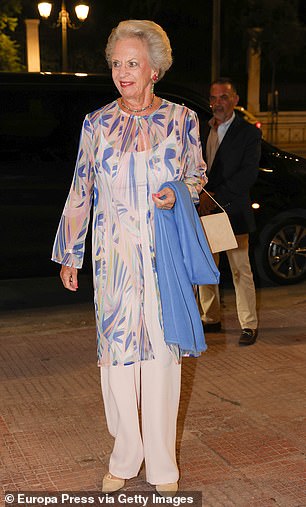 Guests at the event, held at the Byzantine and Christian Museum, included Theodora's paternal aunt is Queen Sofia, who was Spain's Queen from 1975 to 2014 as the wife of King Juan Carlos I, as well as the bride's maternal aunt Princess Benedikte of Denmark (pictured)