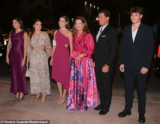 Princess Alexia of Greece, Carlos Morales Quintana, Arrietta Morales y de Grecia, Ana Maria Morales y de Grecia, Amelia Morales y de Grecia and Carlos Morales y de Grecia, attend the pre-wedding dinner party of Princess Theodora of Greece to Matthew Kumar