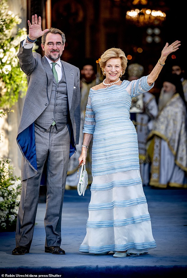 Queen Anne-Marie of Greece (pictured right) was accompanied to her daughter's wedding by her son Prince Nikolaos (pictured left)