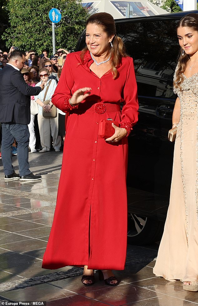 Alexia of Greece arrives at the Annunciation Cathedral of St. Mary to attend the wedding of Theodora of Greece