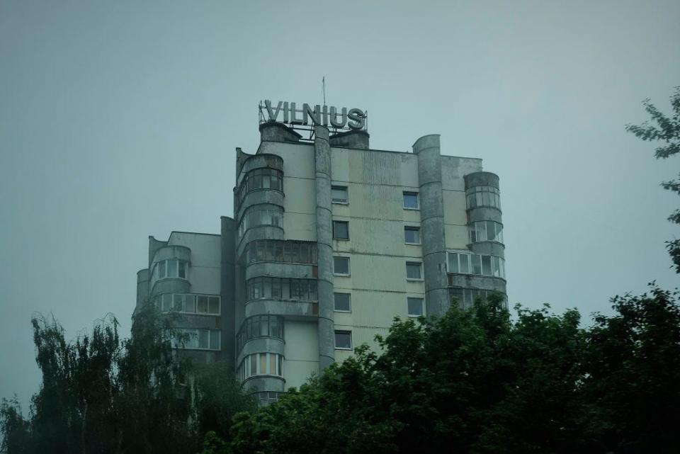 A Soviet-era building with a sign reading 