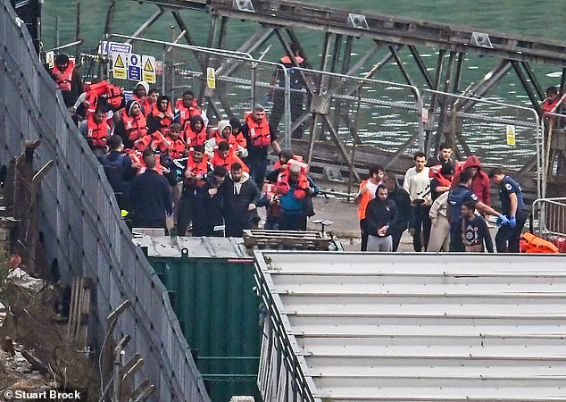 British Border Force officials escort migrants into Dover Docks in Kent on September 22