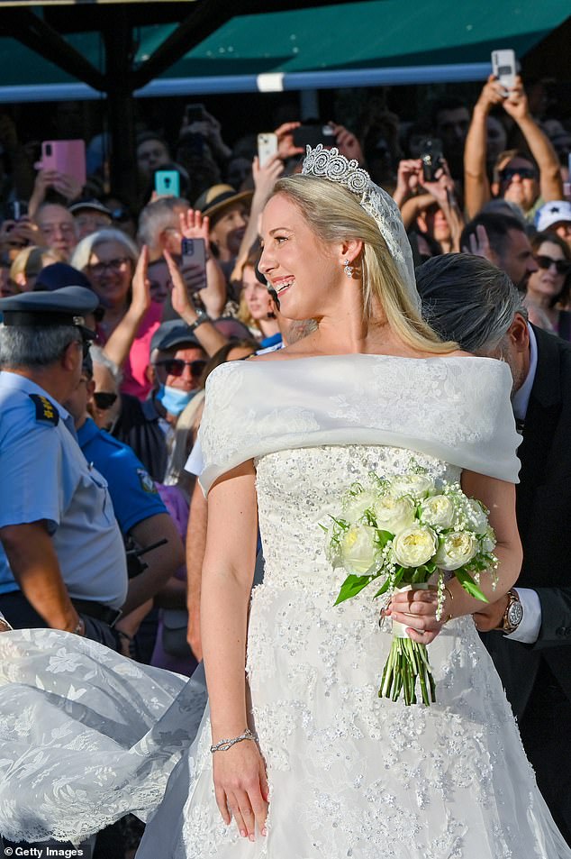 Princess Theodora of Greece and Denmark (pictured) looked spectacular in an elaborate wedding dress by Greek couturier Celia Kritharioti