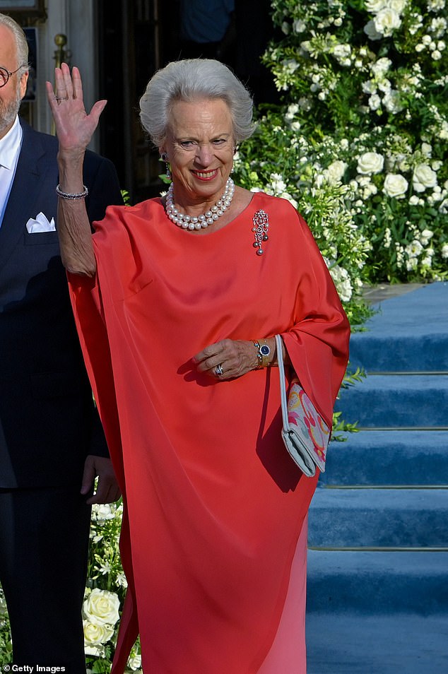 80-year-old Princess Benedikte of Denmark looked chic in a red frock as she attended the nuptial do