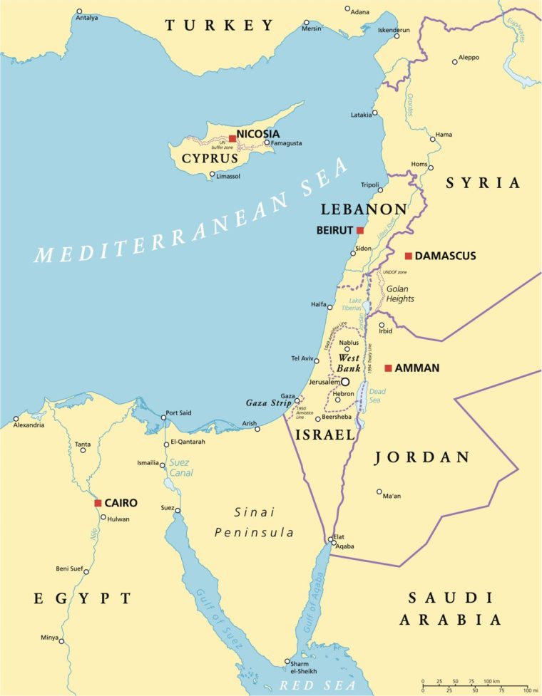 Eastern Mediterranean Political Map with capitals national borders, important cities, rivers and lakes. English labeling and scaling. Illustration.