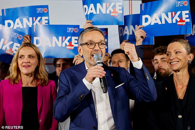 Freedom Party leader Herbert Kickl speaking on Sunday evening following his party's election victory