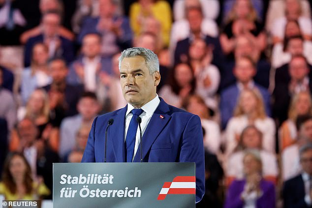 The FPOe is likely to get into power as the senior partner in a new coalition with the conservative Austrian People's Party (OVP). Pictured: Head of People's Party (OEVP) and Austrian Chancellor Karl Nehammer