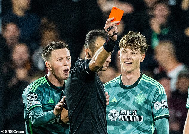 McGregor looks on in disbelief as team-mate Holm is sent off against Feyenoord