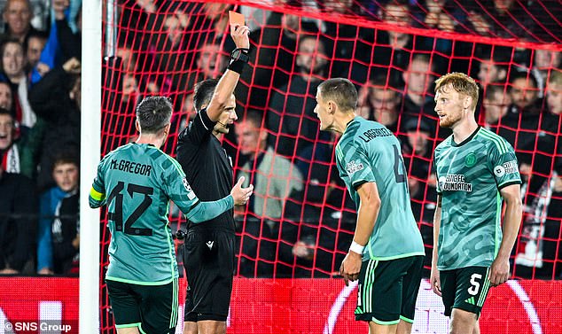 Celtic defender Lagerbielke, above centre, was red carded in the same match