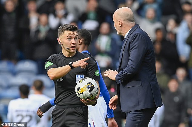 Rangers boss Clement has words with referee Nick Walsh at full-time of Hibs game