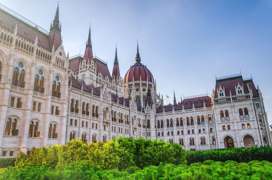 View of Hungary parliament building in Budapest at sunny day