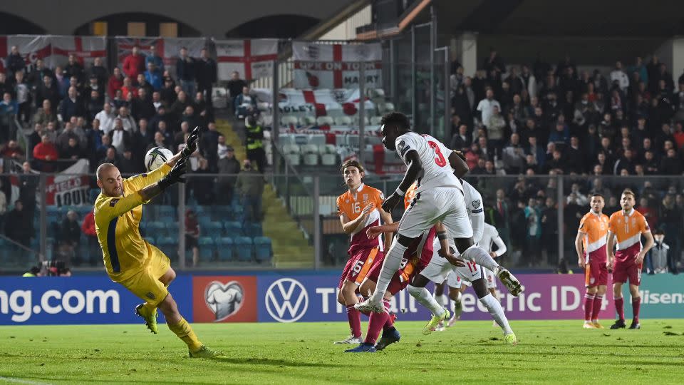 Bukayo Saka scores England's 10th goal during the 2022 FIFA World Cup qualifier against San Marino. - Alessandro Sabattini/Getty Images