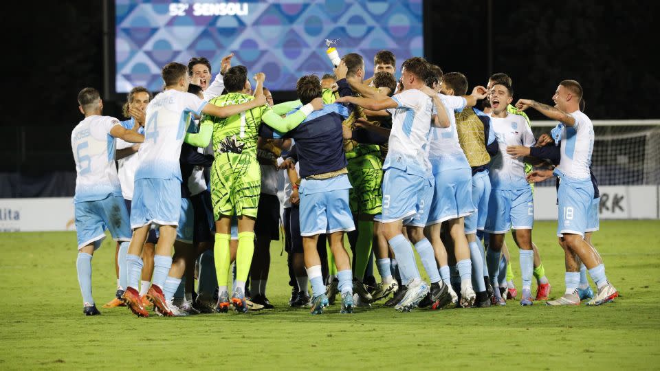 San Marino players celebrate the win over Liechtenstein, the first competitive victory in the team's history. - Pierini/FSGC