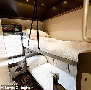 Light breakfasts are included in the price of a Night Riviera compartment (pictured), which Tom says 'come with beds with good linen'