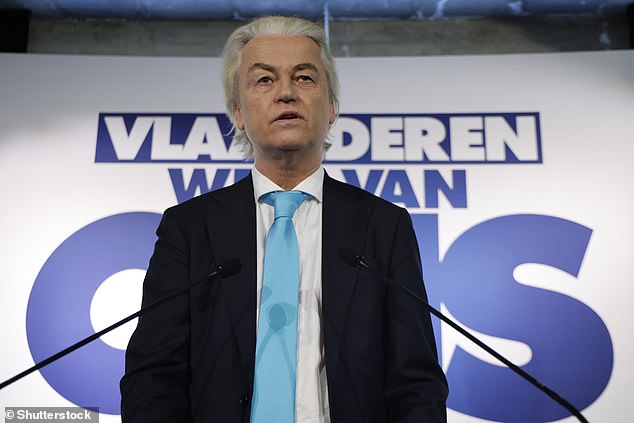 Dutch far-right politician Geert Wilders pictured during a meeting of Flemish far-right party Vlaams Belang, in Aalst