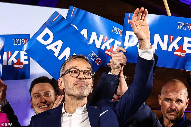 Herbert Kickl (C) celebrates with supporters during an FPOe election event after parliamentary elections in Vienna, Austria, 29 September 2024