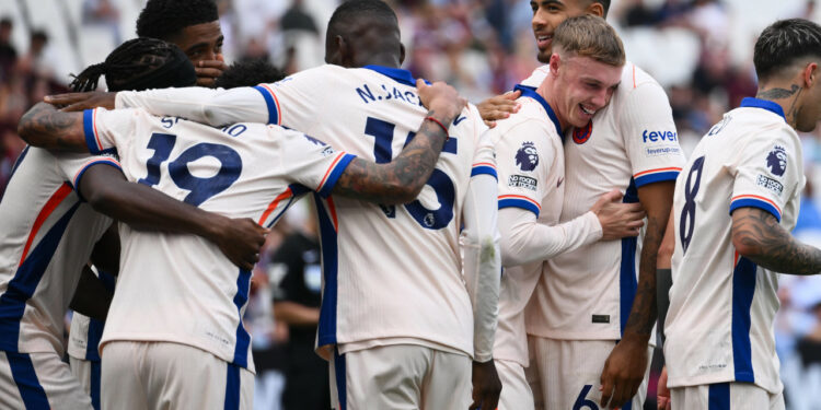 Chelsea celebrate a goal against West Ham United in September 2024.