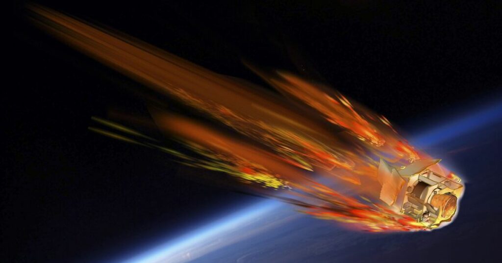 fiery satellite going like a comet towards earth