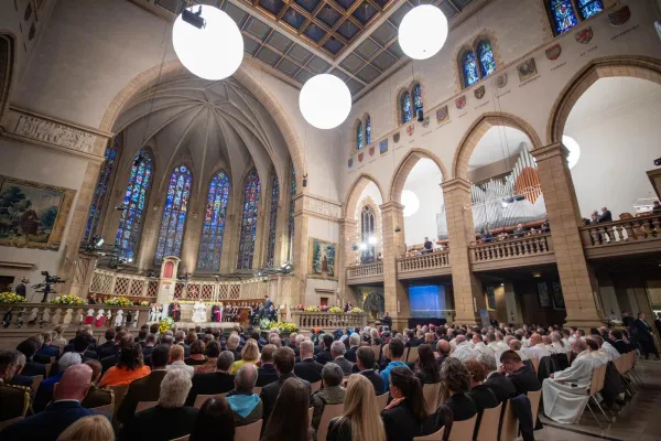 Pope Francis meets with Catholic faith at the Luxembourg cathedral on Sept. 26, 2024. According to the Archdiocese of Luxembourg, within eight hours after registration opened, more than 10,000 people had applied for one of 650 available spots for the meeting with Pope Francis in the Luxembourg cathedral. Credit: Daniel Ibañez/CNA