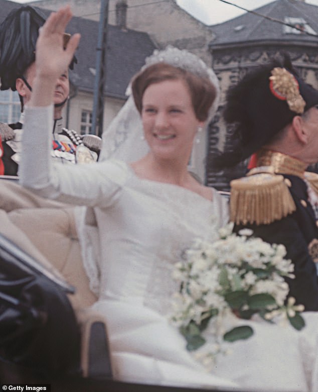 While Theodora's choice of tiara hasn't been confirmed ahead of the wedding day, the bride could follow in a long family tradition. The Khedive of Egypt Tiara has long been worn by women in Theodora's family on their wedding days, including by her aunt Queen Margrethe II of Denmark (pictured in 1967)