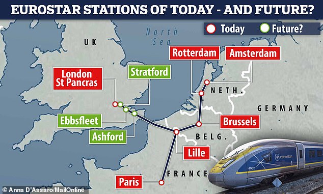 Eurostar currently runs from St Pancras to Lille and then onto Paris, Brussels or Amsterdam via Rotterdam. It previously stopped at Ebbsfleet and Ashford, and has never stopped at Stratford