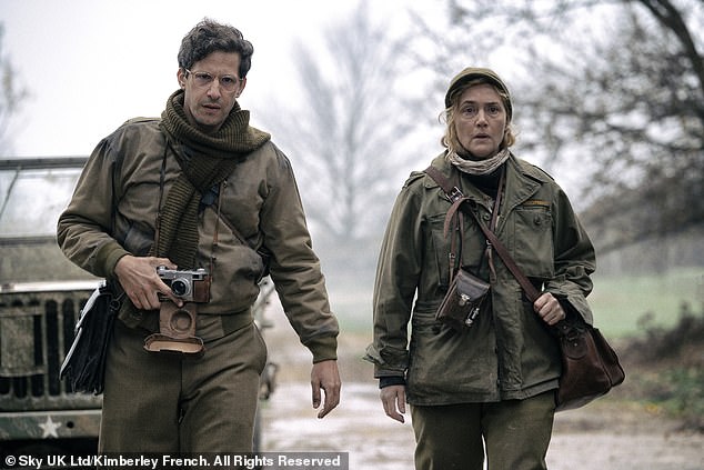 Kate recently claimed she was told to hide her 'belly rolls' while starring as photojournalist Lee Miller in a new war biopic (she is pictured with Andy Samberg as Davie Scherman)