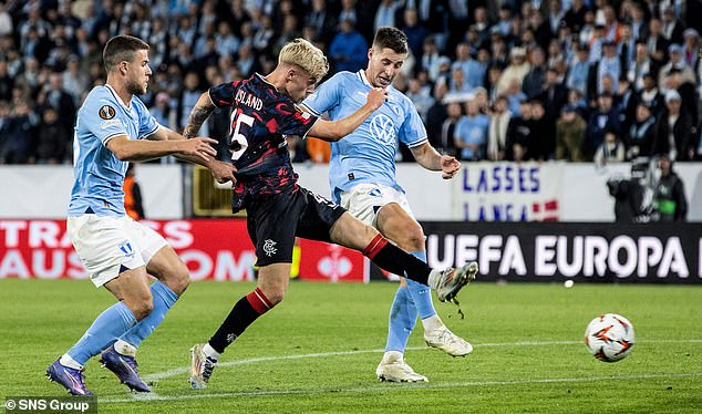 Substitute Ross McCausland seals Rangers' victory against Malmo by firing in their second goal.