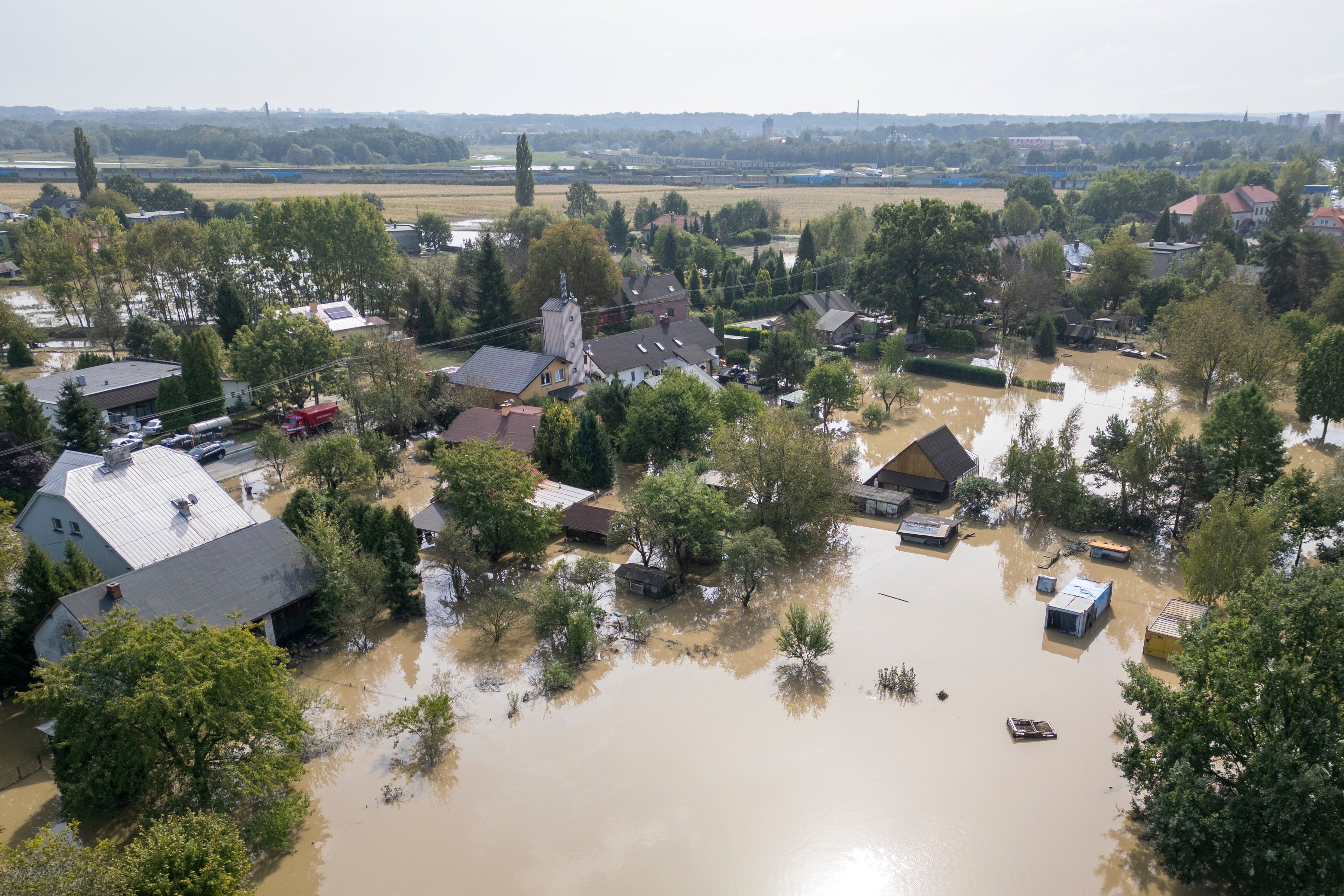 An aerial view of a flooded neighbourhood in Bohumin, Czech Republic