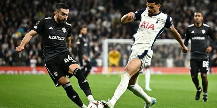 qarabag s elvin cafarquliyev in action with tottenham hotspur s dominic solanke during europa league match between tottenham hotspur vs qarabag at tottenham hotspur stadium london britain on september 26 2024 photo reuters