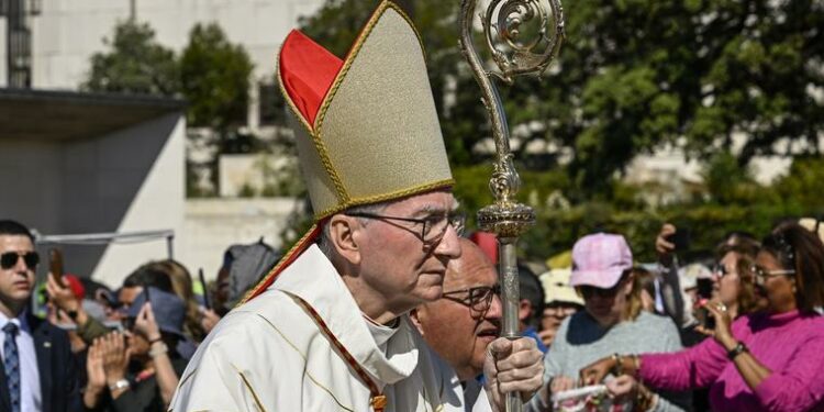 FATIMA, PORTUGAL - MAY 13: The Cardinal Secretary of State of the Vatican Pietro Parolin parades before the figure of Our Lady of as he presides under a strong sun the International Mass and Farewell Procession during the last day ceremonies of the two-day international pilgrimage in celebration of the 106th anniversary of Our Lady of Fatima first apparition in Cova da Iria in the Sanctuary of Fatima, presided this year by the Cardinal Secretary of State of the Vatican Pietro Parolin, on May 13, 2023 in Fatima, Portugal. The Sanctuary of Fatima has received more than 200,000 pilgrims and 119 registered groups of 23 different nationalities as it opened its premises for this international pilgrimage on occasion of the 106th anniversary of Our Lady of Fatima's first apparition on May 13, 1917, in Cova da Iria, to the little shepherds Francisco and Jacinta Marto.